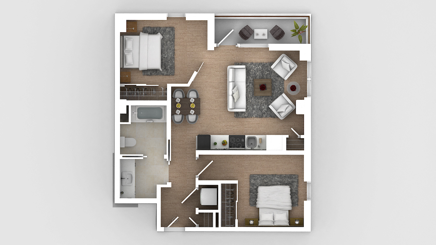 Floor plan for 2 beds, 1 bath, 972 sqft